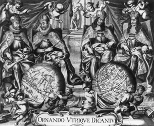 Allégorie avec Rodolphe II (1552-1612) empereur romain germanique et ses successeurs Matthias Ier (1557-1619), Ferdinand II (1578-1637) et Ferdinand III (1608-1657)